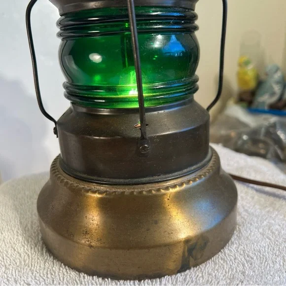 Vintage Nautical Lantern Electric Lamp Green Glass Lantern Base 3-Way Lamp - Picture 2 of 16